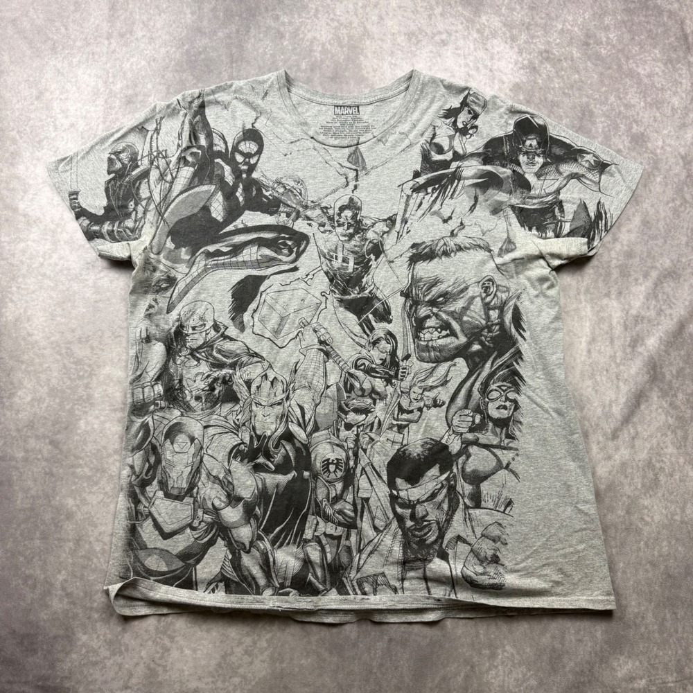 Marvel Avengers Comics Graphic T-Shirt Mens XXL Gray All Over Print Sketch Tee